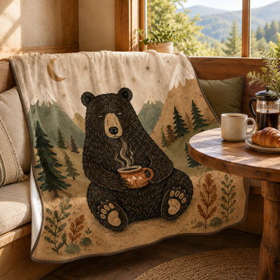 Camping Bear Flannel Throw Blanket with Coffee Mug, Mountain and Pine Forest Scene, Rustic Cozy Bear Art for Couch Bed Cabin and Lounge Space, 50 x 60 in