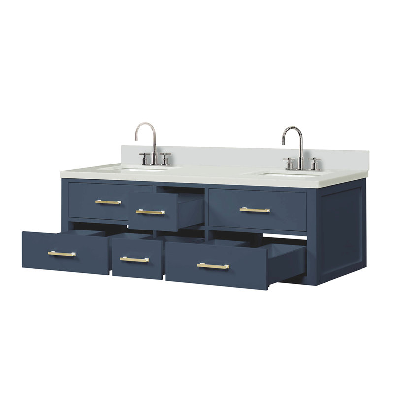 Meuble-lavabo double 60 po X P 22 po D, plateau en marbre de culture et ensemble de robinet pour la maison, Bleu, Doré, 60"
