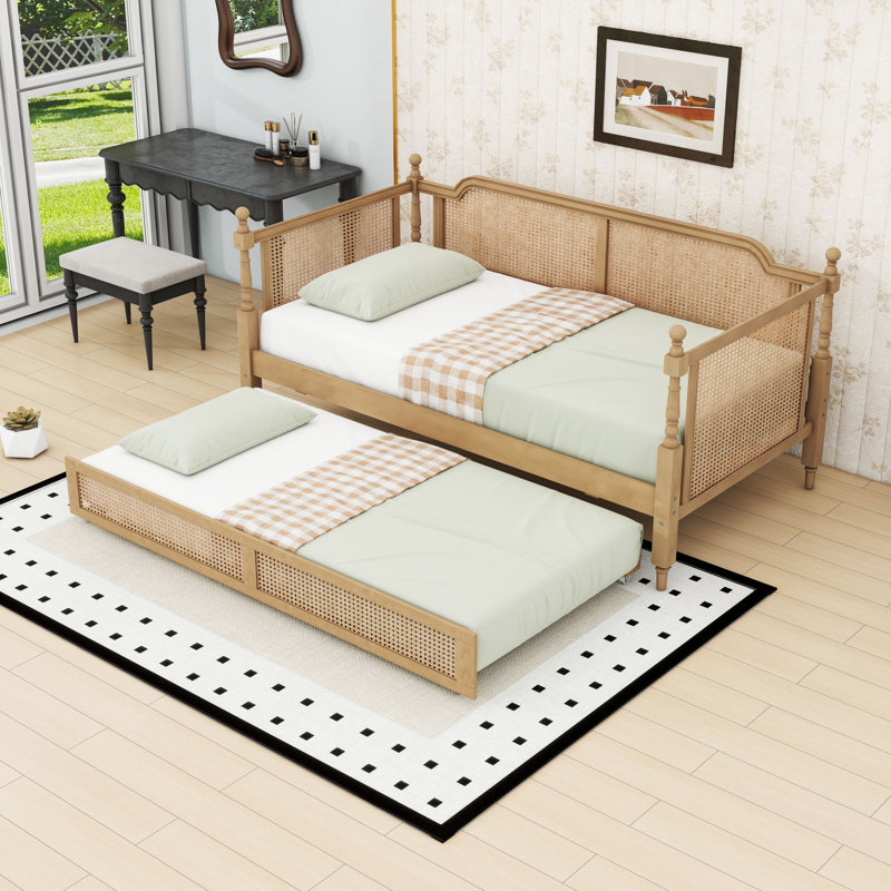 Wood Daybed with Trundle and Rattan Frame, Twin, Antique Walnut