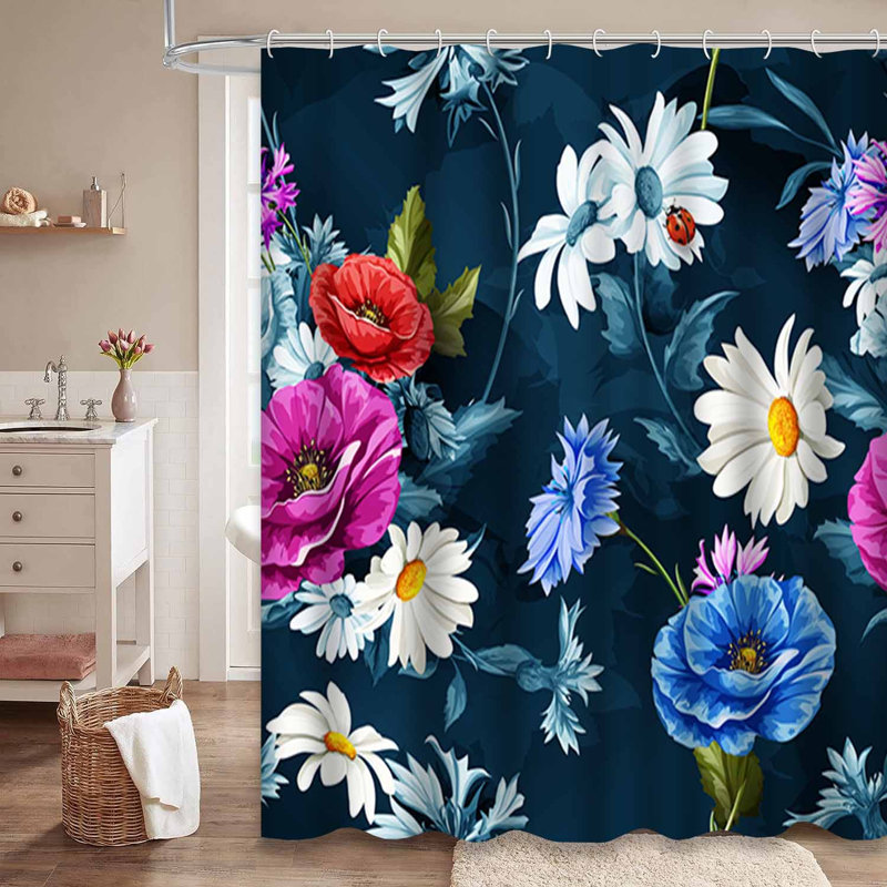 Rideau de douche imperméable à motif floral bleu foncé avec 12 crochets, L 72 po x l 78 po