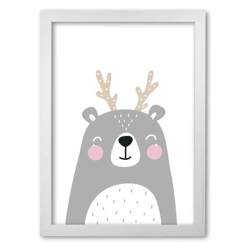 Grey Bear With Antlers - Painting, 60 cm H x 42 cm W x 5 cm D, White Grain Frame