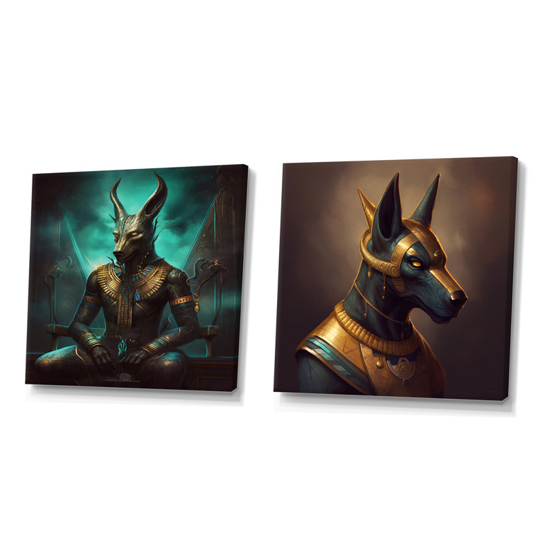 Anubis, ancien égyptien, Jackal God, ensemble de 2 collages égyptiens carrés, H 16 po x l 33 po, Toile tendue