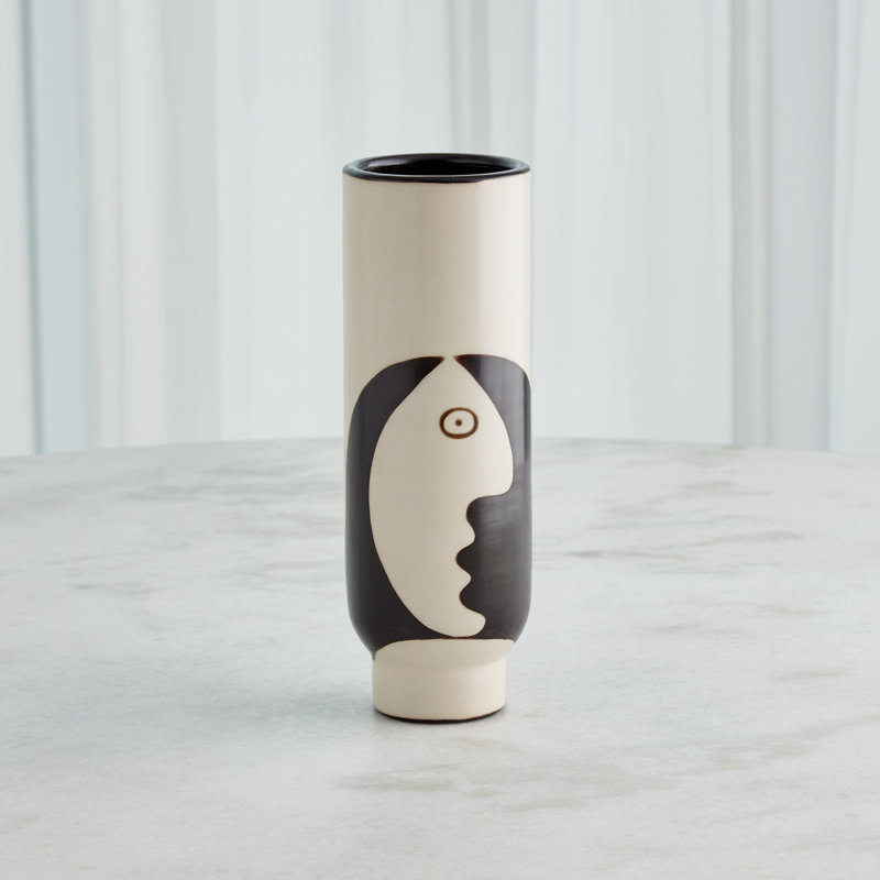 Simple Face Handmade Ceramic Table Vase, Natural/Black