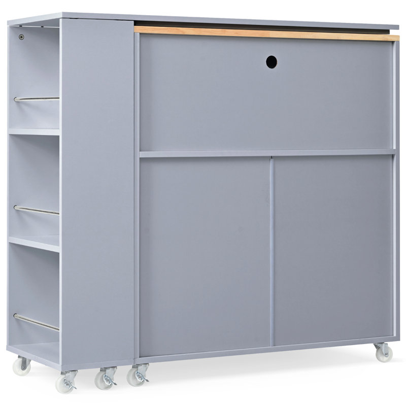 Kitchen Island On Wheels With LED Lights,Power Outlets And 2 Fluted Glass Doors, GrayBlue