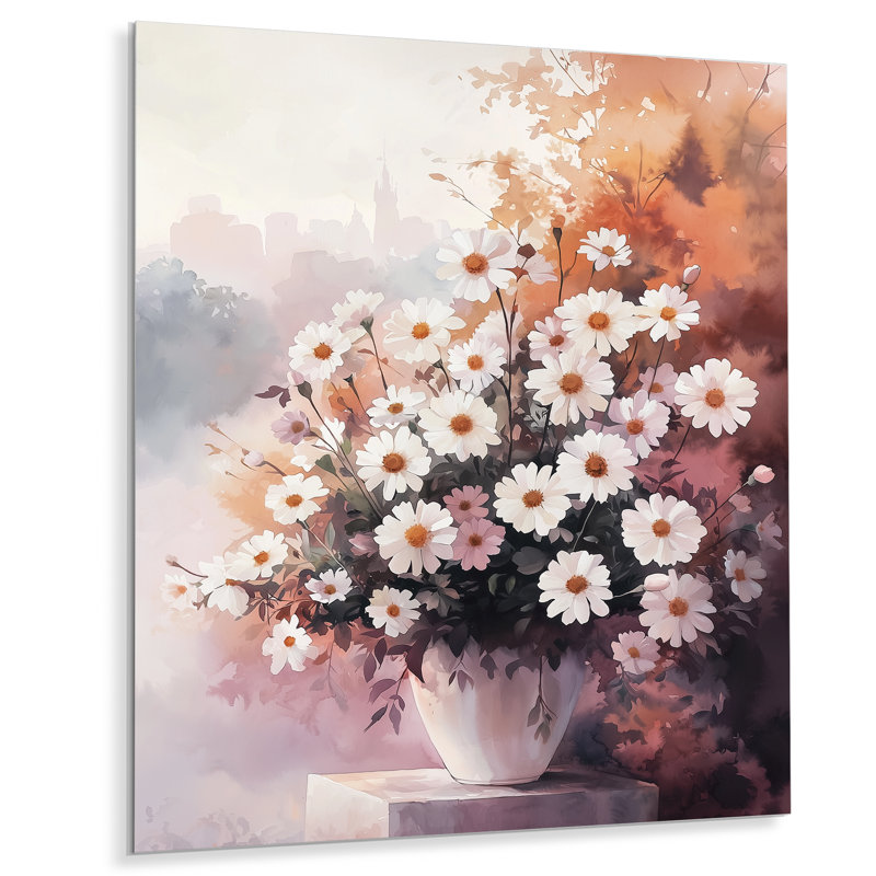 Lueur de souci blanc rose - impression d'art en métal traditionnel, souci en métal, H 32 po x l 24 po