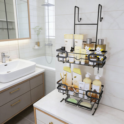 Panier de douche au-dessus de la porte, organisateur suspendu en acier inoxydable à 3 niveaux avec 16 crochets et porte-savon double, solution de rangement pour salle de bain sans perçage, noir