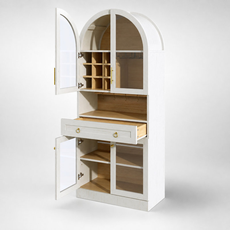 Meuble-bar arqué de 70 pouces avec casier à vin, porte-verres et tablette ajustable, White
