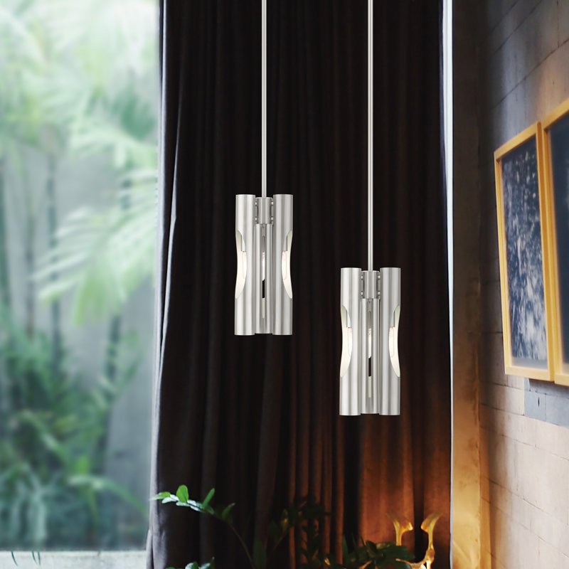 Luminaire suspendu cylindrique simple à 3 lumières Clearlake, Nickel brossé