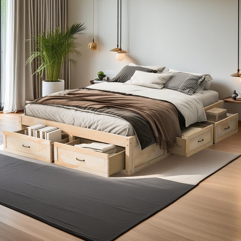  Platform Bed With 6 Storage Drawers, Queen, Antique Natural