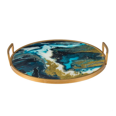 Plateau en miroir 20,9 x 20,1 x 3,1 po avec motif artistique et poignées bleues et dorées