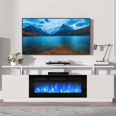 Meuble télé 70 po avec foyer électrique 36 po pour téléviseur de 80 po ou moins, lumières DEL 12 couleurs et flamme, armoire de rangement à 2 niveaux pour le salon, blanc