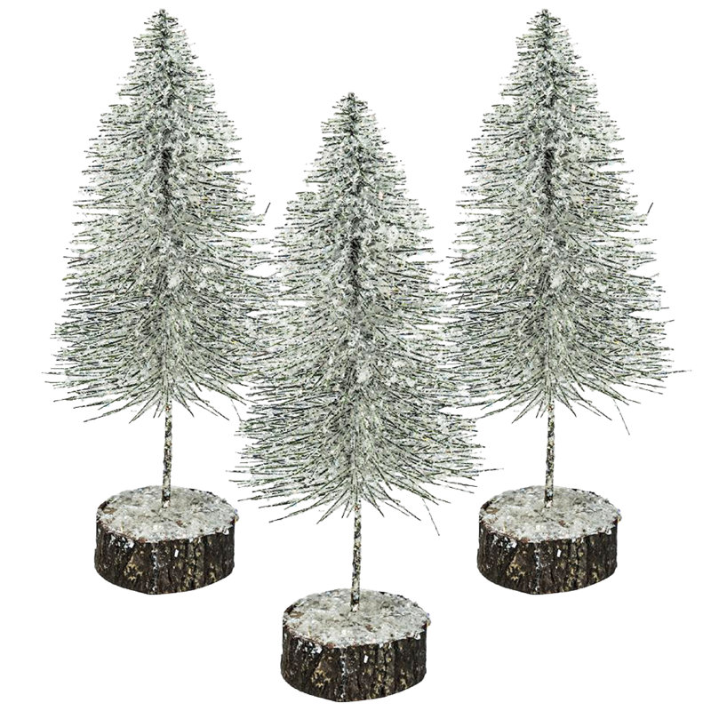 Green Tree With Frost - Set of 3 - 5"Dia. x 12" - White/Brown