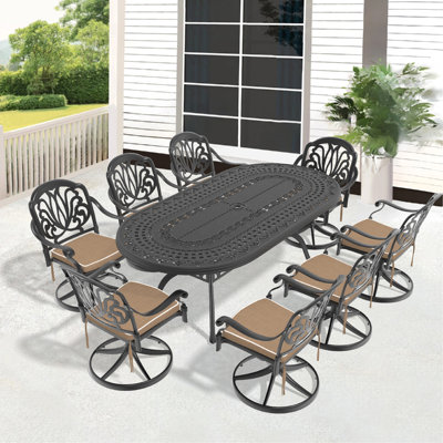 Ensemble de salle à manger 9 pièces en fonte d'aluminium toutes saisons, comprenant 8 chaises pivotantes et une table ovale avec structure noire (même SKU: W1710S00469, W1710S00288)