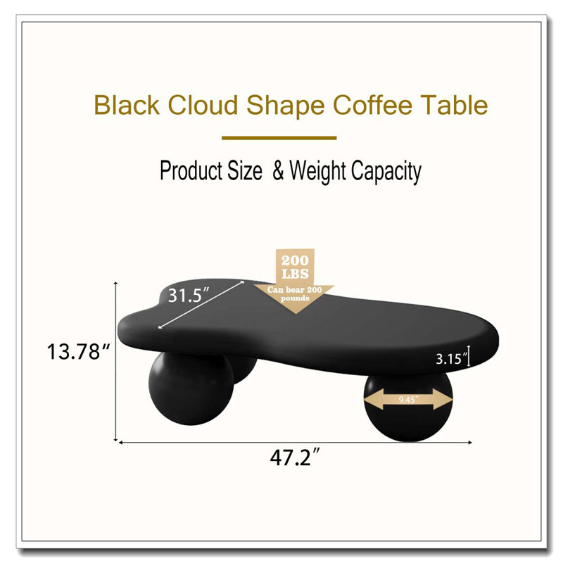 Cloud Shaped Coffee Table, Low Coffee Table with 3 Ball Legs for Living Room, Black