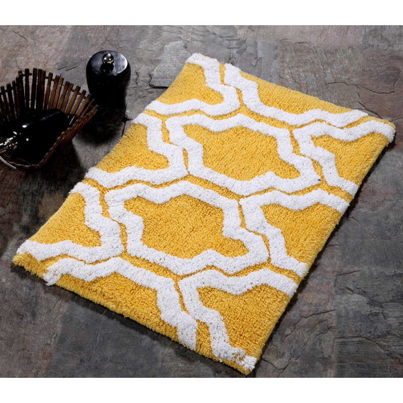 Ensemble de tapis géométriques antidérapants Mangum, Blanc / jaune
