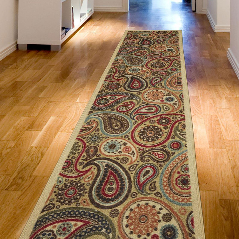 Beige and Red Synthetic Paisley Non-Slip Runner Rug