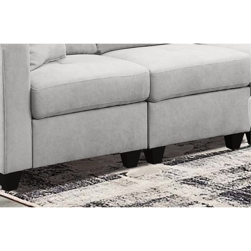 Canapé modulaire à 7 places en gris, microfibre veloutée, motif de peau, deux porte-gobelets et structure en bois massif, tissu en velours doux, coussins à haute densité, utilisation prolongée, supports, support
