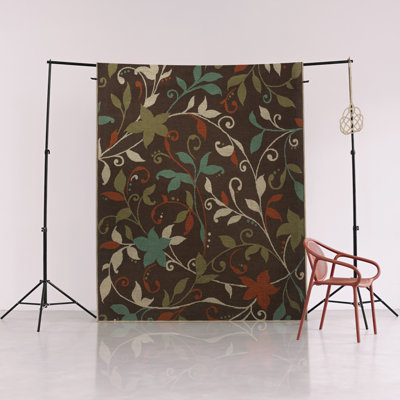 Brown Themed Multi-Colored Mixed Ivy Floral Patterned Modern Decorative Rug
