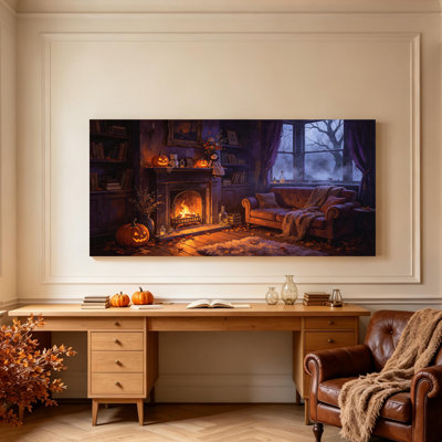 «Whimsical Rustic Autumn Home Interior Fireplace Leather Leather Jack O Lanterns Misty Window Gallery», art mural sur toile tendue