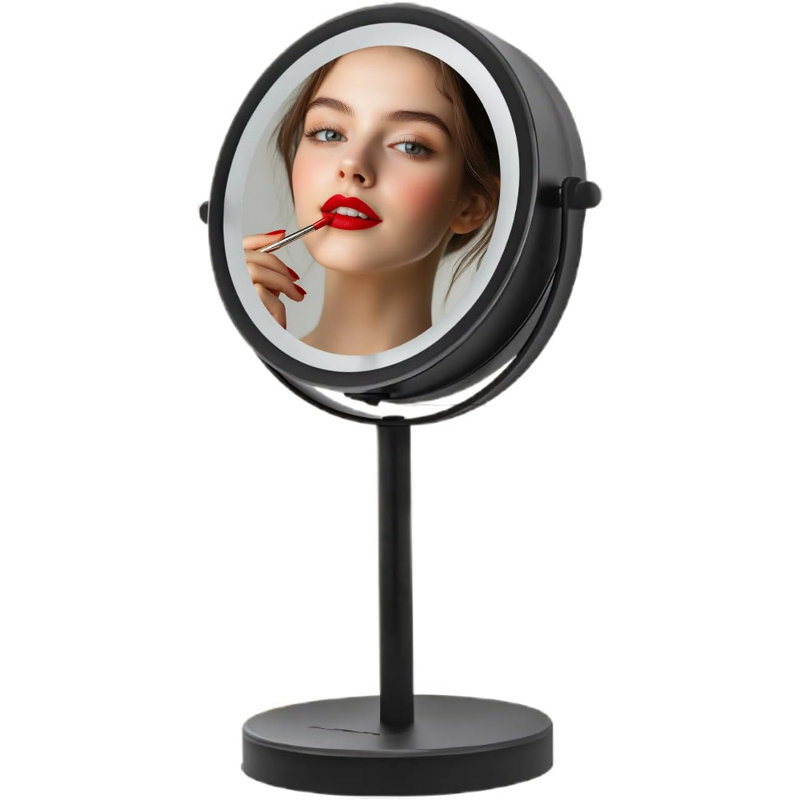 OVENTE 6" Lighted Makeup Mirror with 1X/7X Magnification, Cordless Tabletop Mount Vanity Round Mirror with 360° Swivel Design and Double Sided Cool Tone LED Ring Light, Matte Black MLT60B1X7X