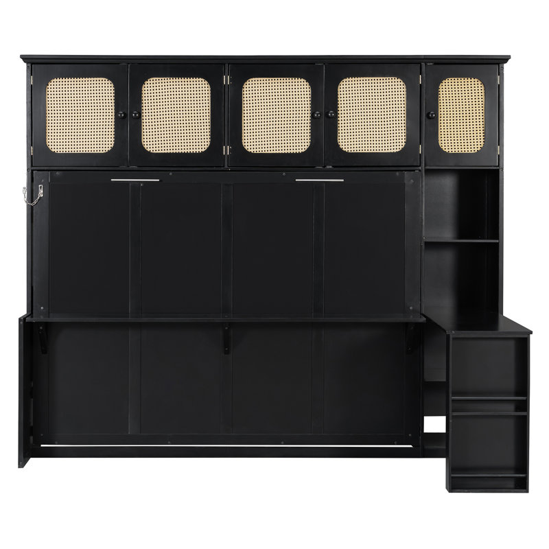 Lit escamotable double avec bureau et armoires en rotin, lit mural peu encombrant pour bureau à domicile, noir, Black
