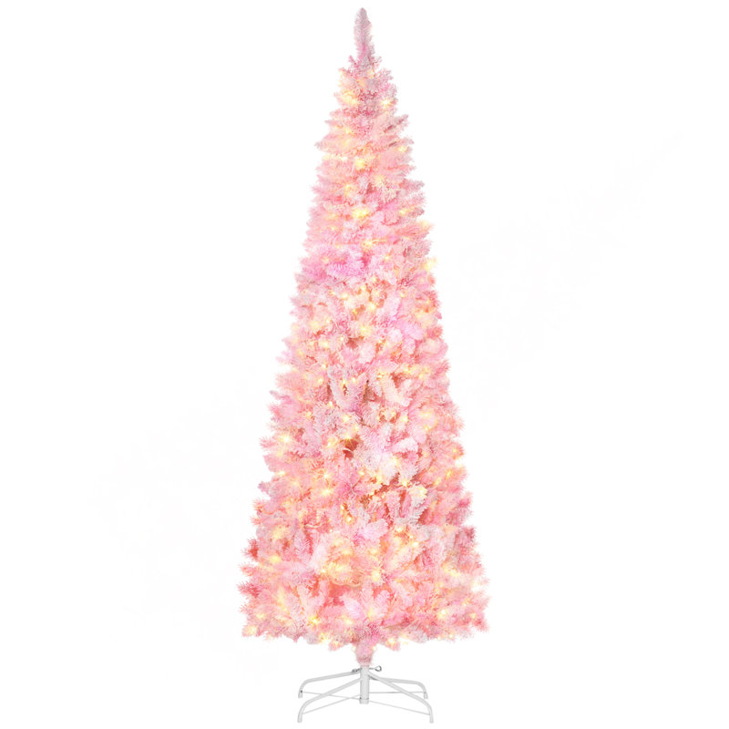 Arbre de Noël artificiel enneigé 7,5 pi avec forme de crayon, branches de pin réalistes, lumières DEL blanc chaud, ouverture automatique, rose et blanc