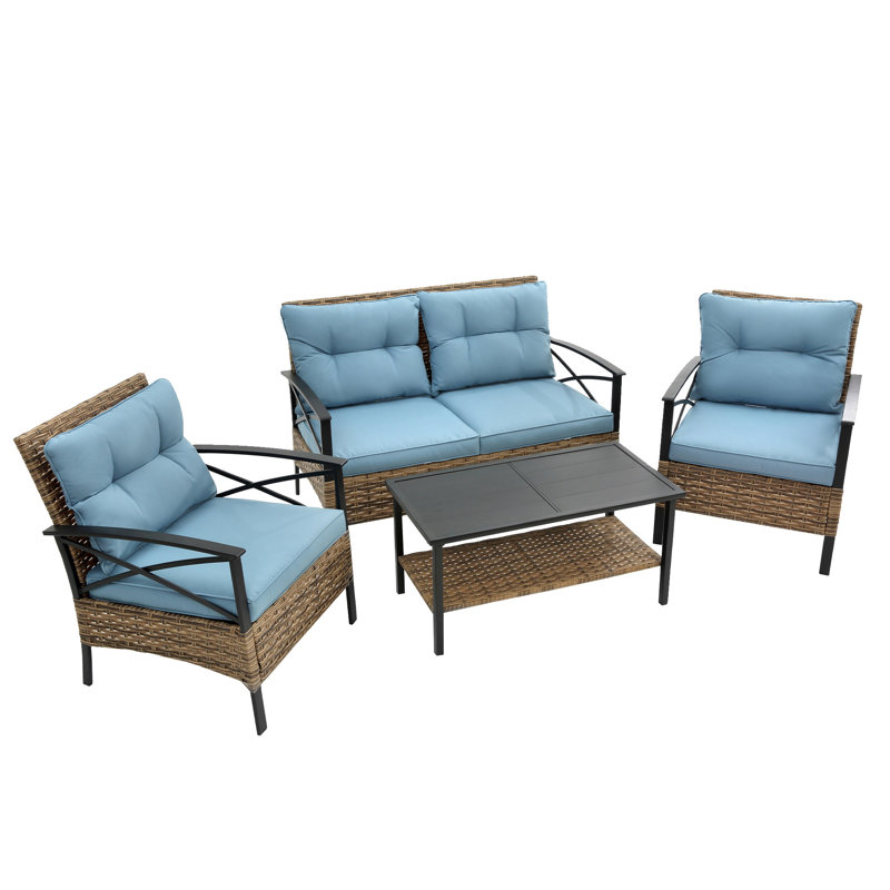 Ensemble de canapé modulaire de conversation pour patio 4 pièces - Ensemble de canapé de coin KD Rattan Wicker, Tissu bleu
