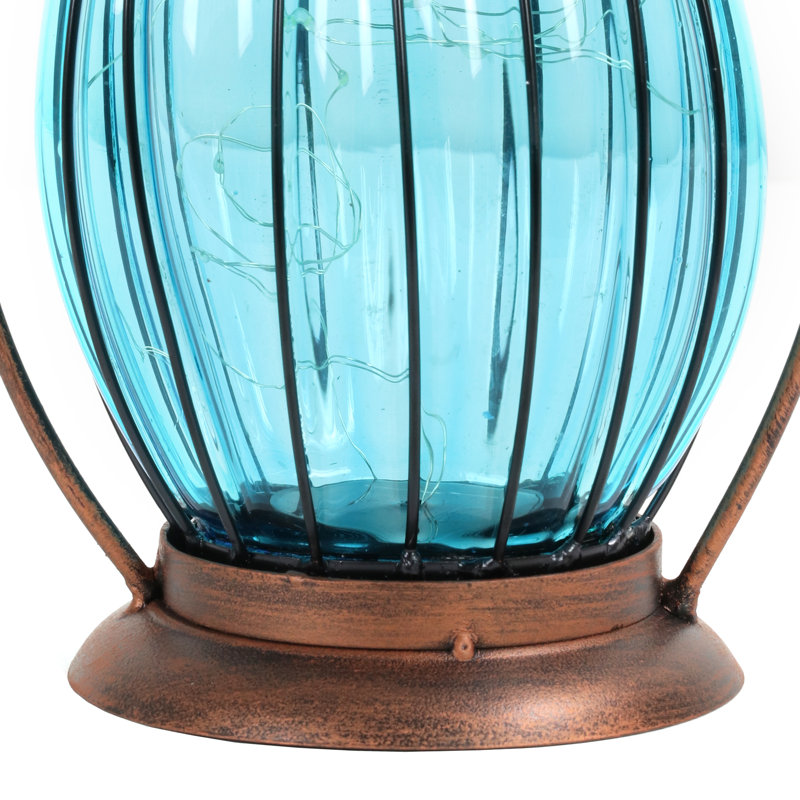 Antique Bronze and Blue Metal Solar Lantern with LED Firefly Lights