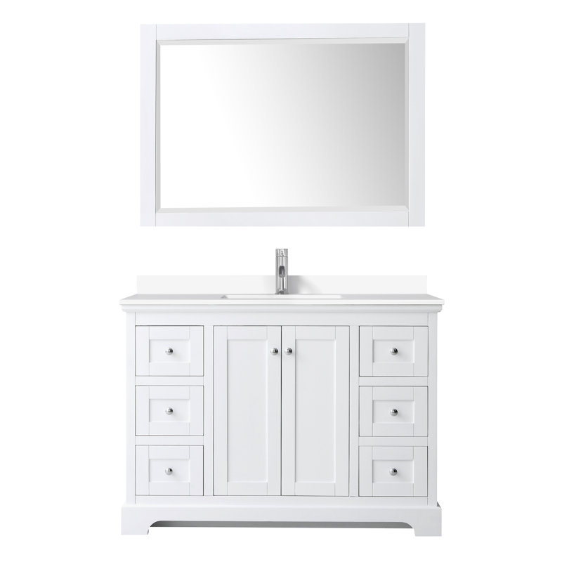 Ensemble de meuble-lavabo simple 48 po avec miroir Avery, Marbre de culture blanc, Blanc, Chrome poli