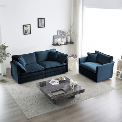 Ensemble de causeuse et de chaise 2 places, ensemble de canapé et de chaise 2 pièces, causeuse et fauteuil d'appoint, canapé de salon en chenille 2 pièces (1 + 2 places), chenille bleue