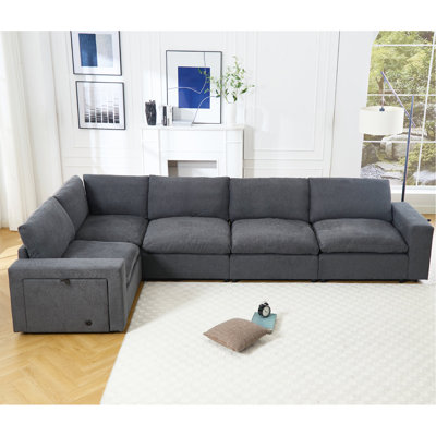 [Video Provided]Sectional Couches For Living Room,Modular Couch,Wireless Charging Port & Cup Holders,5-Seat ,Diy Combination,L-Shaped Sofa,Book Storage Space,Soft Linen Fabric,Gray