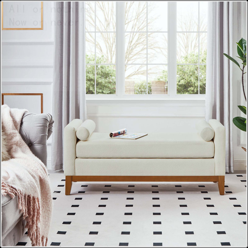 Large Upholstered Boucle Fabric Ottoman with Pillows,Comfort Padded Window Bench, Beige, Brown Wood