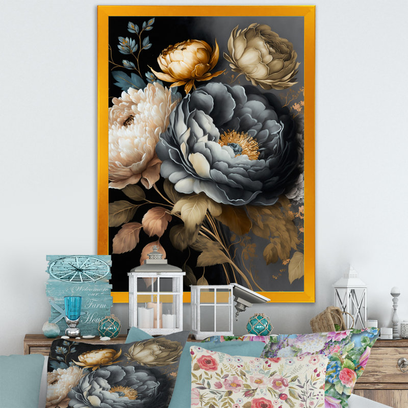 Bouquet de fleurs bleues III - Bouquet d'art mural pour le salon, Cadre photo doré, L 16 po x H 32 po