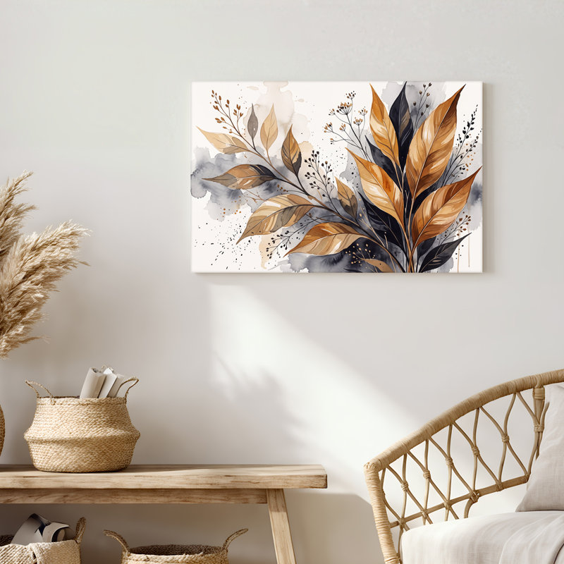 Art mural sur toile, feuilles dorées et noires, H 20 po x l 30 po