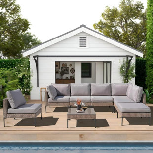 Outdoor Patio Furniture Set - 8-Piece Rattan Sectional Sofa with Tempered Glass Table and All-Weather Cushions
