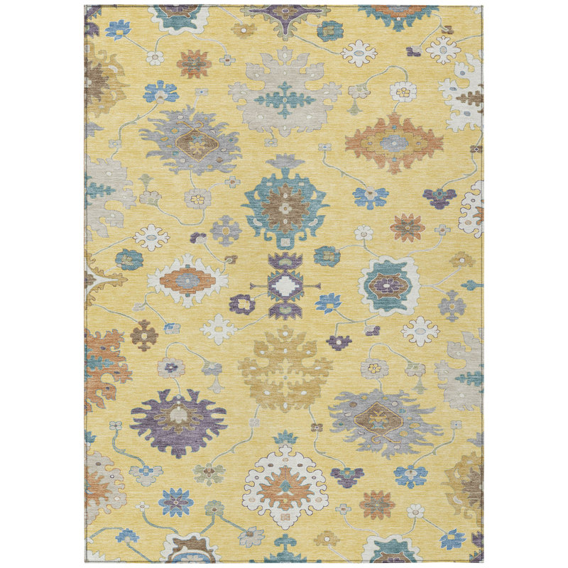 Machine Washable Indoor/Outdoor Chantille ACN2532 Traditional Rug, Yellow, Rectangle 5' x 7'6"