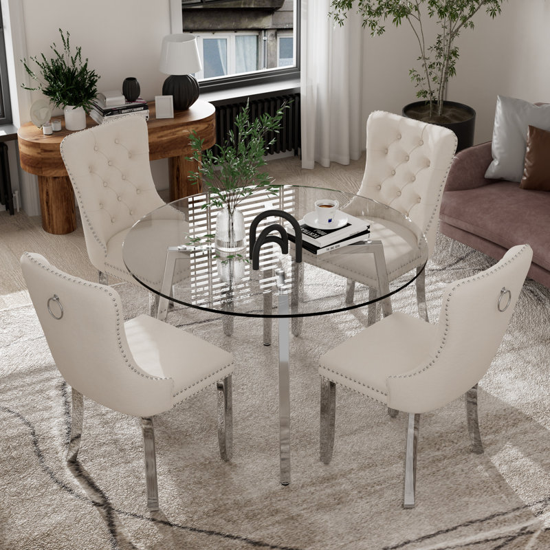 Ensemble de table de salle à manger ronde en verre, Beige, Argent argent, 5