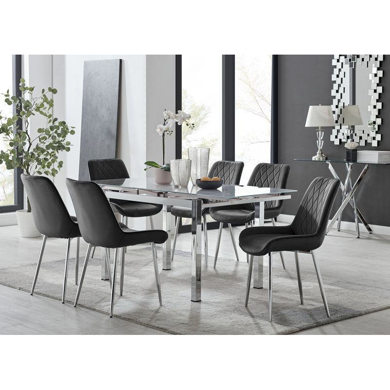 Tierra Modern Glass & Metal Extendable Dining Table Set & 6 Luxury Upholstered Velvet Dining Chairs, Black/Silver