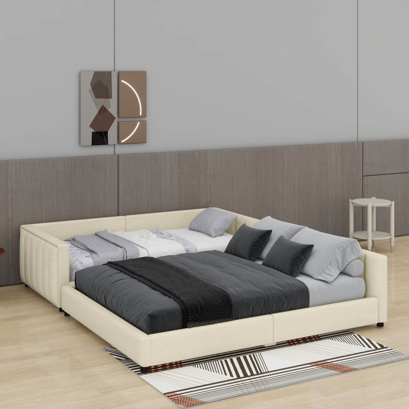 Lit plateforme tapissier grand et simple TG, lit mère et enfant, Beige