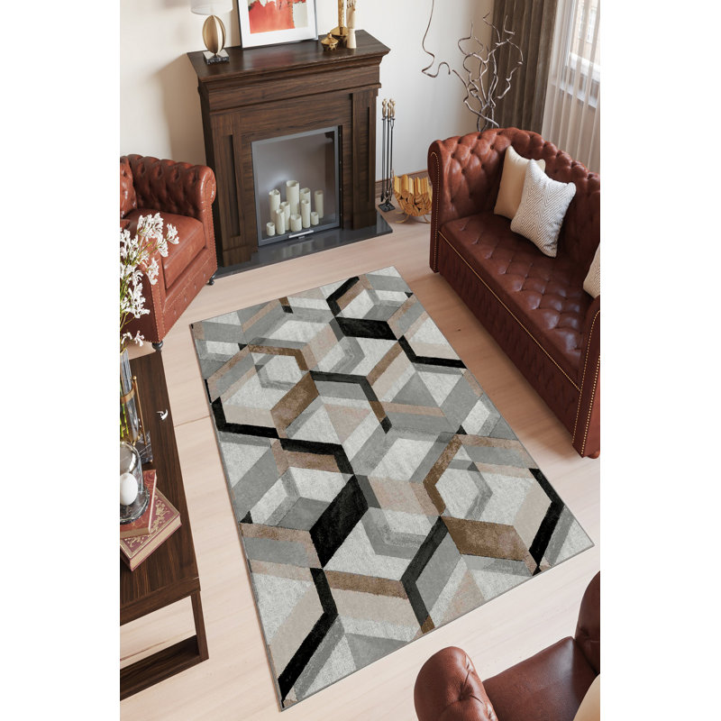 Rectangle Treport Abstract Machine Braided Polyester Area Rug in Brown/Gray/White, Rectangle 2' x 3'3"