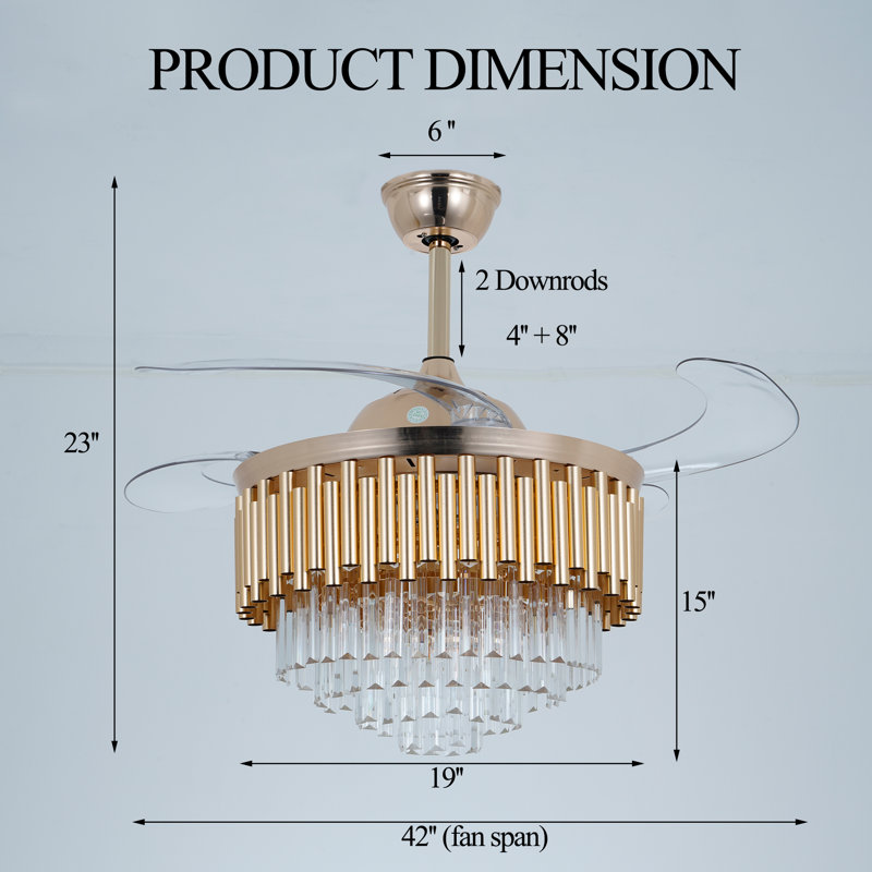 42-inch Golden Crystal Invisible Fan Light, with Remote Control and Three-Color Dimming