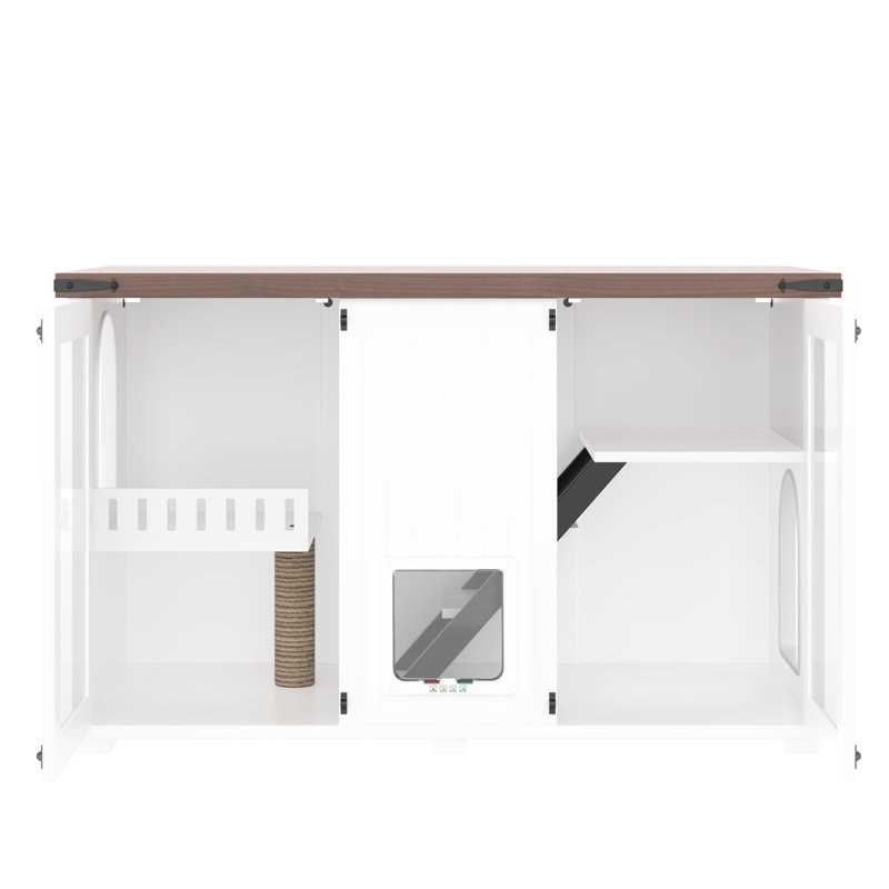 Enceinte de litière pour chat 47,25 "avec DEL, escalier de maison et poteau à griffes, table d'appoint, blanc - isole les odeurs, surface supérieure de grande capacité facile à nettoyer, odeurs