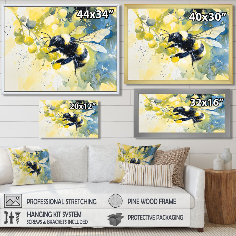 Busy Wings Bee Watercolor - Art mural imprimé abeille, H 12 po x l 20 po, Single Picture Framed Print without Mat, Noir