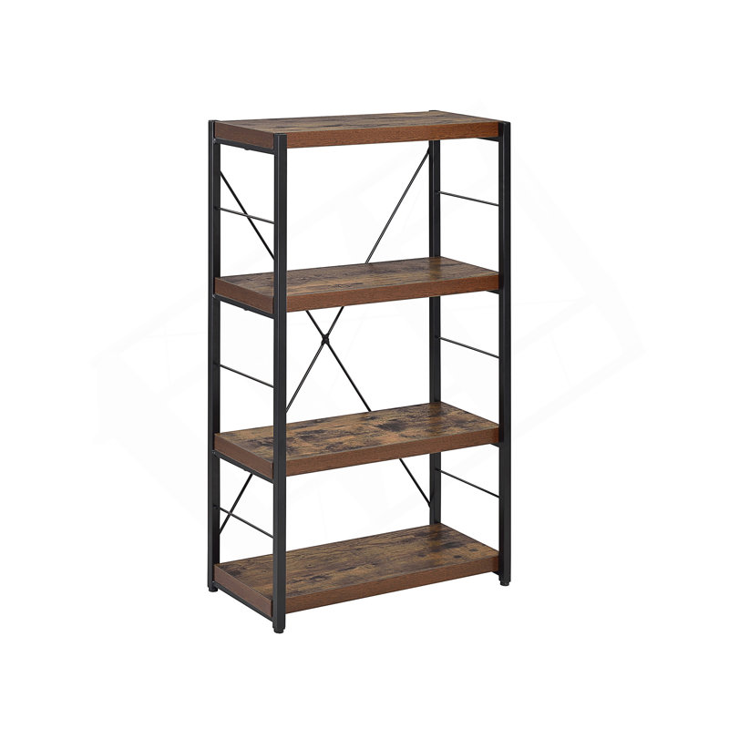 Bibliothèque en métal vieilli chêne et noir avec rangement à trois niveaux et support robuste en X pour les espaces modernes.