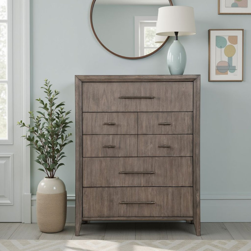 Commode 5 tiroirs, aucun assemblage requis, finition grège fumée