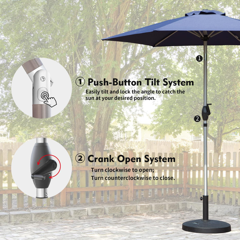 Parasol de terrasse 7,5 pouces imperméable et protégé contre les rayons UV avec bouton-poussoir inclinable et manivelle