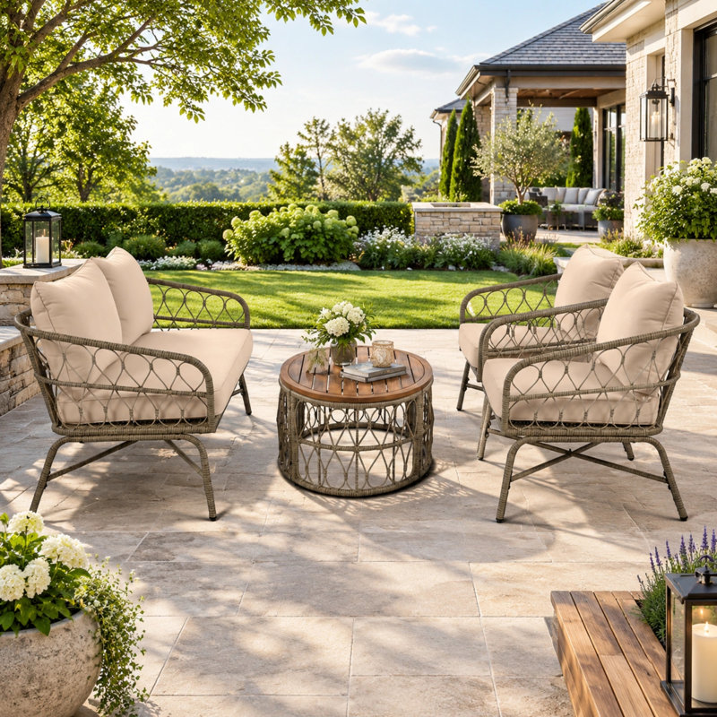 Ensemble de conversation pour 4 personnes avec coussins amovibles, ensemble de conversation pour patio avec plateau en bois