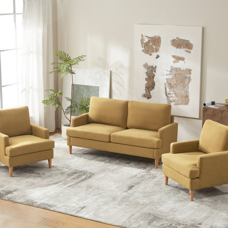 Ensemble de salon rembourré 3 pièces Transitional Modern - 1 causeuse et 2 fauteuils, Jaune