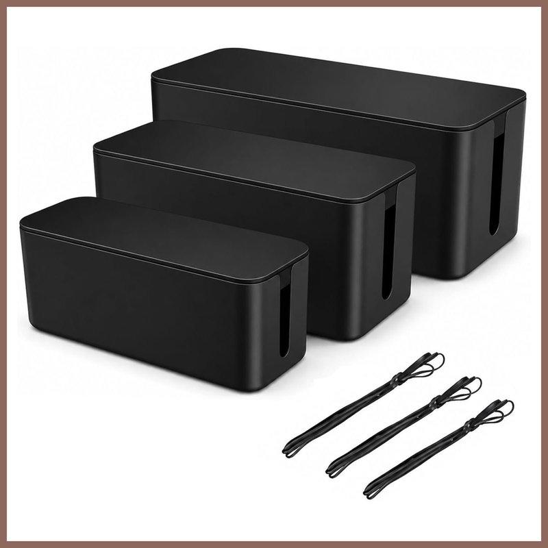 Set of 3 Black Large Cable Management Boxes with 3 Wire Ties, Cord Organizer for Power Strips, Adapters and USB Hubs