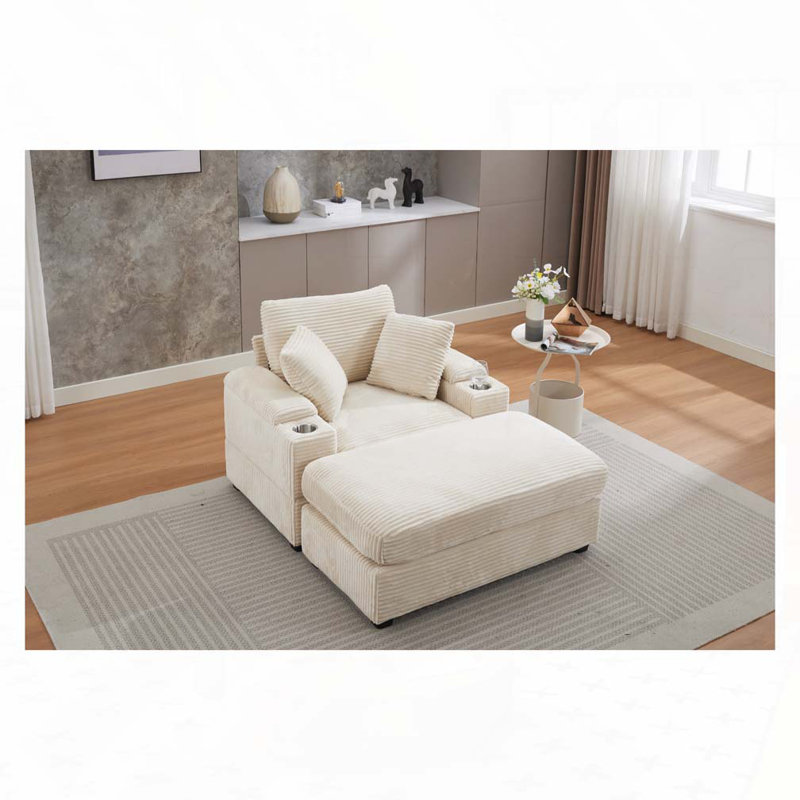 Chaise rembourrée avec repose-pieds, porte-gobelets, assise profonde et coussins amovibles, Velours côtelé beige
